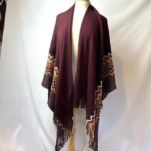 Western Style Blanket Poncho Shawl Sz 0/S Burgundy Silver Thread Orange Gold